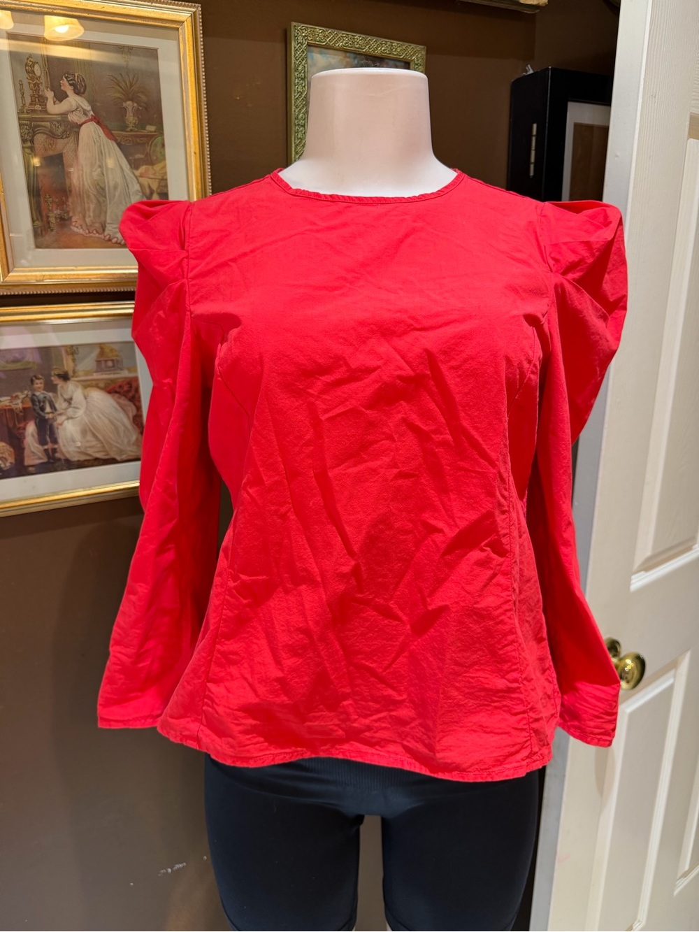 Bright Red Puff-Sleeve Long-Sleeve Blouse